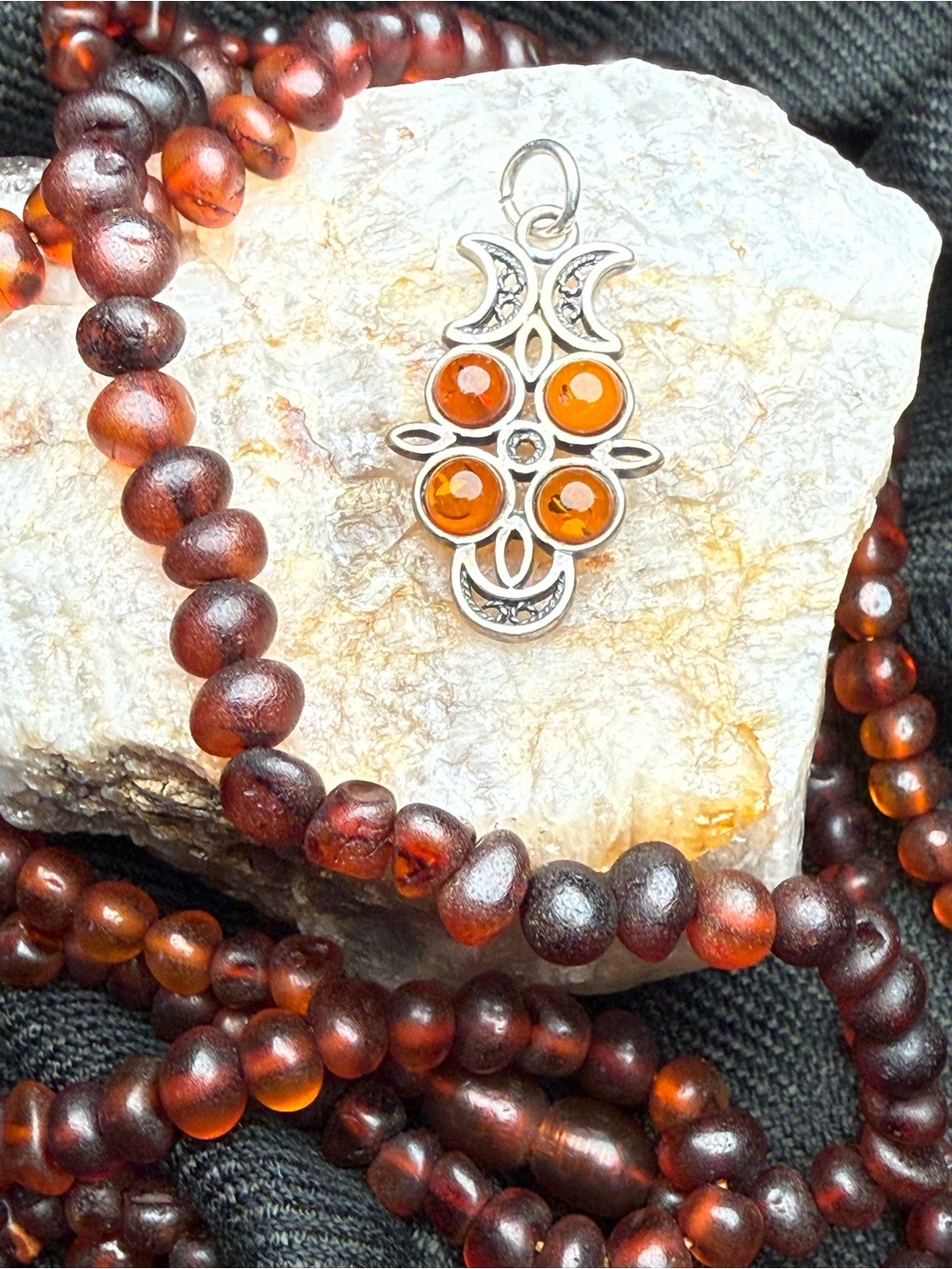 Sterling Silver Amber Crescent Moon Pendant 925 Celestial Boho
